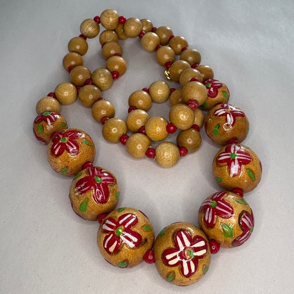 Vintage Wood Bead Necklace with Red Painted Folk Art Fowl – 22" Boho Style